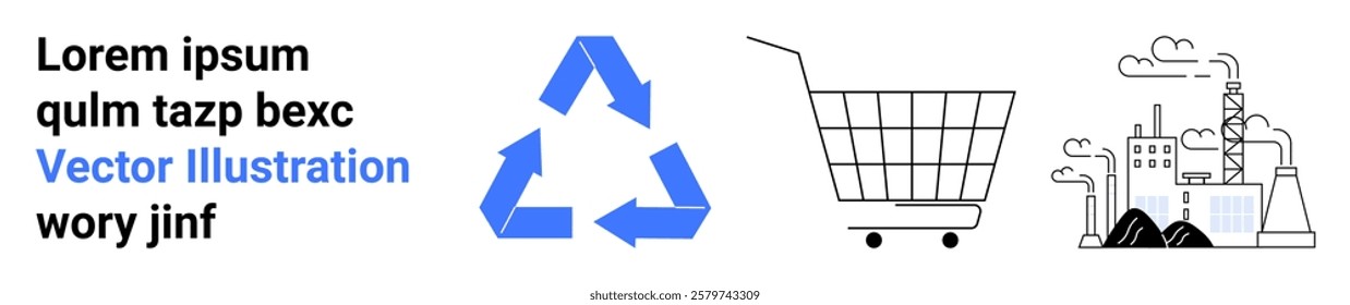 Blue recycling symbol, a wireframe shopping cart, and an industrial factory. Ideal for recycling, environmental sustainability, industrial processes, eco-friendly shopping, and pollution awareness