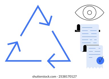 Triângulo azul de reciclagem com setas, uma lista de verificação no papel com selo e um símbolo de olho acima. Ideal para sustentabilidade, eficiência, documentação, certificação e eco-friendly. Simples