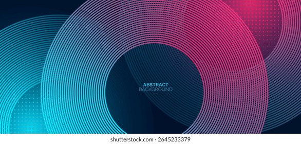 Blue and red abstract background with light effect. Glowing circle lines design. Gradient geometric lines pattern. Modern banner template.