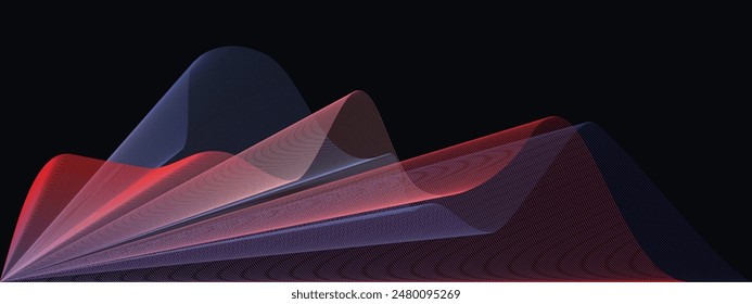 Blue red Abstract background with waved lines, glowing banner, vector tape illustration with copy space, fractal concept