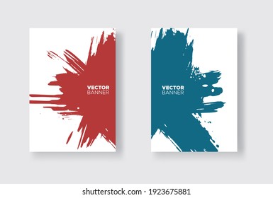 Conjunto de diseño abstracto azul y rojo. Pintura de tinta en el folleto, elemento monocromo aislado en blanco. Pinturas de pancartas de color. Composición simple. Tinta líquida. Antecedentes de banner, tarjeta, afiche, identidad, web