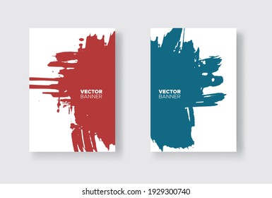 Conjunto de diseño abstracto azul y rojo. Pintura de tinta en el folleto, elemento monocromo aislado en blanco. Pinturas de pancartas de color. Composición simple. Tinta líquida. Antecedentes de banner, tarjeta, afiche, identidad, web 