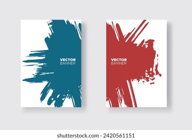 Blue and red abstract design set. Ink paint on brochure, Monochrome element isolated on white. Grunge banner paints. Simple composition. Liquid ink. Background for banner, card, poster, identity,web d