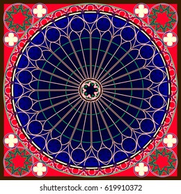 
Blue and red abstract lace background, square geometric pattern with decorative frame. Bandana tissue shawl printing, silk neck scarf or design shawl, vector illustration.