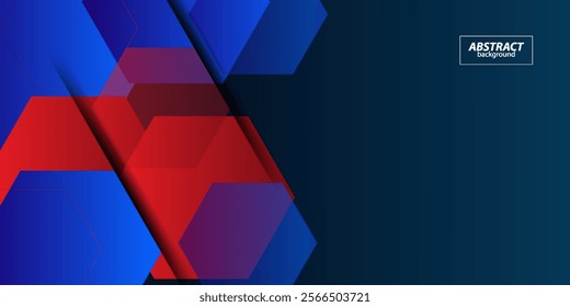 Blue and red abstract luxury background with geometric hexagonal shapes and golden light elements for poster, flyer, digital board and concept design. Vector eps10