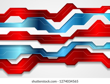 Tecnología abstracta azul y roja de fondo futurista con líneas de circuito. Diseño de vectores
