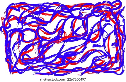 Blue red abstract wavy line art on white background.