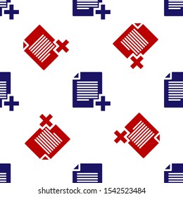 Blue and red Add new file icon isolated seamless pattern on white background. Copy document icon.  Vector Illustration