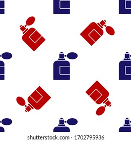 Blue and red Aftershave bottle with atomizer icon isolated seamless pattern on white background. Cologne spray icon. Male perfume bottle. Vector Illustration