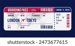 blue and red Airplane ticket design. Realistic illustration of airplane ticket boarding pass with passenger name and destination. Concept of travel, journey or business trip