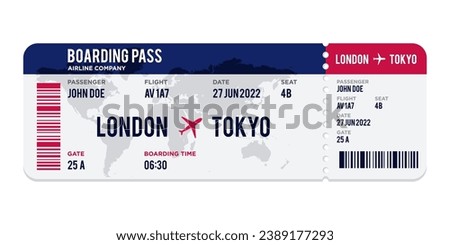 blue and red Airplane ticket design. Realistic illustration of airplane ticket boarding pass with passenger name and destination. Concept of travel, journey or business trip. Isolated on white.