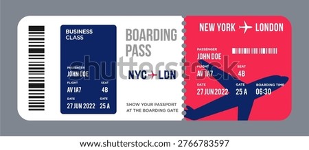 blue and red Airplane ticket design. Realistic illustration of airplane ticket boarding pass with passenger name and destination. Concept of travel, journey or business trip