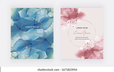 Blue and red alcohol ink texture with gold confetti and polygonal lines frame. Modern vector design for wedding invitation, greeting, banner, flyer, poster, save the date
