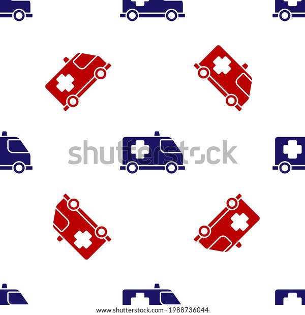 Blue and red Ambulance and emergency car icon\
isolated seamless pattern on white background. Ambulance vehicle\
medical evacuation. \
Vector
