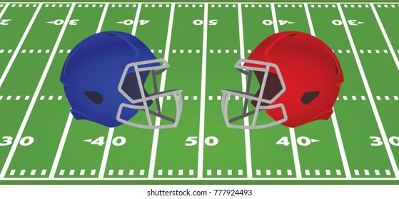 Blue and red american football helmet in front of field. vector illustration