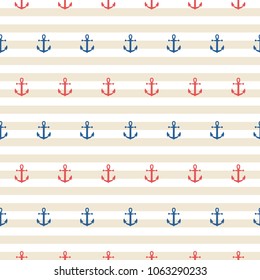 Blue red anchor in stripe background. A playful, modern, and flexible pattern for brand who has cute and fun style. Repeated pattern. Happy, bright, and nautical mood. 