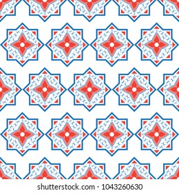 Blue and red Ancient geometric seamless pattern, abstract background.Vintage ethnic ornament for scarf bandana print fabric.bohemian pillow, bedroom textile, yoga wallpaper. vector illustration. 