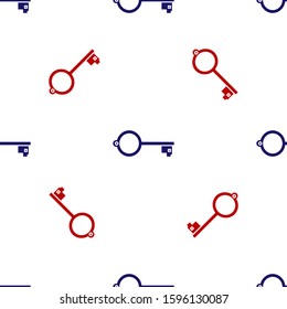 Blue and red Ancient key for game icon isolated seamless pattern on white background.  Vector Illustration