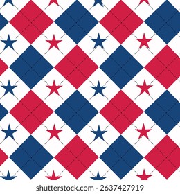 Blue and red argyle with stars seamless pattern on white background. For American holidays celebrations, fourth of July fabric and textile 