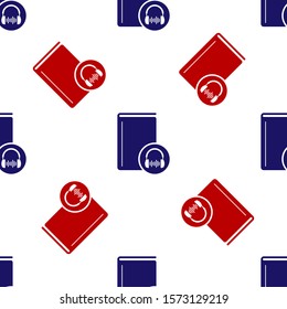 Blue and red Audio book icon isolated seamless pattern on white background. Book with headphones. Audio guide sign. Online learning concept.  Vector Illustration