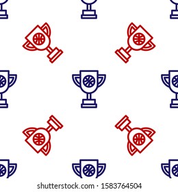 Blue and red Award cup with basketball ball icon isolated seamless pattern on white background. Winner trophy symbol. Championship or competition trophy.  Vector Illustration