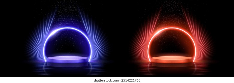 Blue and red award podiums for winner ceremony or product presentation vector illustration set. Abstract empty prize platforms with neon glowing round frame, rays, glitter confetti sparkle rain.