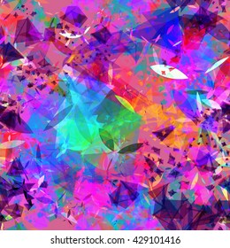 Blue and red background with inclusions of green, yellow, white and black spots Triangles, crystals, stylized petals, leaves. Seamless vector pattern. Mixed randomly. Overlapping. Watercolor effect.