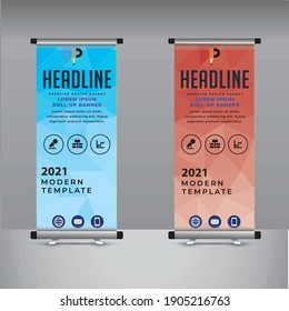 blue and red background, roll up banner template  design
