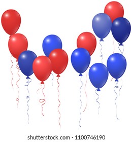 Blue red balloons group isolated  on white vector graphic design. American Independence Day holiday decoration elements. Bright helium flying balloons bunch. July 4th symbols in USA flag colors.