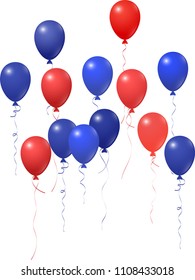 Blue red balloons group isolated  on white vector graphic design. American Independence Day holiday decoration elements. Funky helium flying balloons bunch. July 4th symbols in USA flag colors.