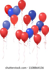 Blue red balloons group isolated  on white vector graphic design. American Independence Day holiday decoration elements. Cool helium flying balloons bunch. July 4th symbols in USA flag colors.