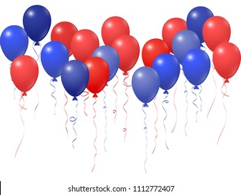 Blue red balloons group isolated  on white vector graphic design. American Independence Day holiday decoration elements. Bright helium flying balloons bunch. July 4th symbols in USA flag colors.