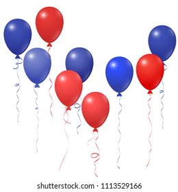 Blue red balloons group isolated  on white vector graphic design. American Independence Day holiday decoration elements. Decorative helium flying balloons bunch. July 4th symbols in USA flag colors.