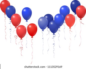 Blue red balloons group isolated  on white vector graphic design. American Independence Day holiday decoration elements. Bright helium flying balloons bunch. July 4th symbols in USA flag colors.
