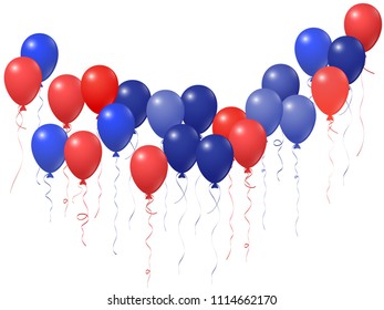 Blue red balloons group isolated  on white vector graphic design. American Independence Day holiday decoration elements. Colored helium flying balloons bunch. July 4th symbols in USA flag colors.