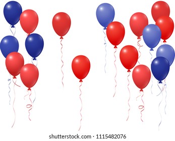 Blue red balloons group isolated  on white vector graphic design. American Independence Day holiday decoration elements. Beautiful helium flying balloons bunch. July 4th symbols in USA flag colors.