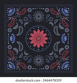 Blue and red bandana. Paisley seamless pattern. Pattern for a scarf, clothing, carpet.