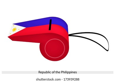 Blue and Red Bands With A Golden Sun and Three Stars on White Triangle of The Republic of The Philippines Flag on A Whistle, The Sport Concept and Political Symbol. 