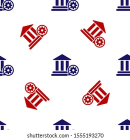 Blue and red Bank building and gear icon isolated seamless pattern on white background. Adjusting app, service concept, setting options, maintenance, repair, fixing.  Vector Illustration