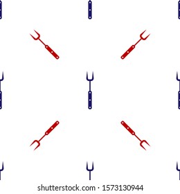 Blue and red Barbecue fork icon isolated seamless pattern on white background. BBQ fork sign. Barbecue and grill tool.  Vector Illustration