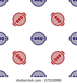 Blue and red Barbecue grill icon isolated seamless pattern on white background. Top view of BBQ grill. Steel grid.  Vector Illustration