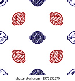 Blue and red Barbecue grill with sausage icon isolated seamless pattern on white background. BBQ grill party.  Vector Illustration