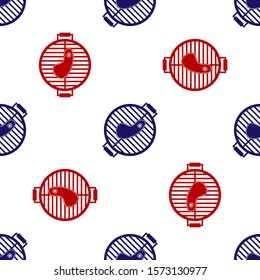 Blue and red Barbecue grill with steak icon isolated seamless pattern on white background. BBQ grill party.  Vector Illustration