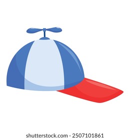 Blue and red baseball cap with a spinning propeller is suggesting happiness and fun