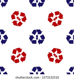 Blue and red Battery with recycle symbol line icon isolated seamless pattern on white background. Battery with recycling symbol - renewable energy concept.  Vector Illustration