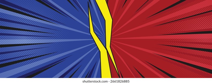 Blauer und roter Kampf gegen Comic-Rochen-Banner mit Punkt-Halbton