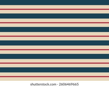 Blue, red and beige striped background. Retro pattern. Shabby chic, old money style. Decoration, interior design. Banner, wallpaper, poster, card. Vector illustration