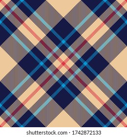 Blue, red, beige tartan plaid pattern. Seamless diagonal check plaid for flannel shirt, skirt, tablecloth, or other modern textile prints.
