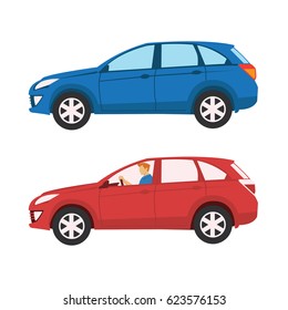 Blue and red big sport utility vehicle with young driver