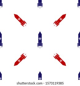 Blue and red Biohazard rocket icon isolated seamless pattern on white background. Rocket bomb flies down.  Vector Illustration